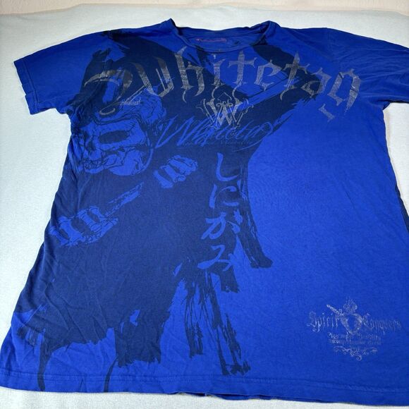 White Tag Shirt Mens Medium Blue Y2K Grunge Cyber Goth Affliction Emo Skater MMA - Picture 7 of 10